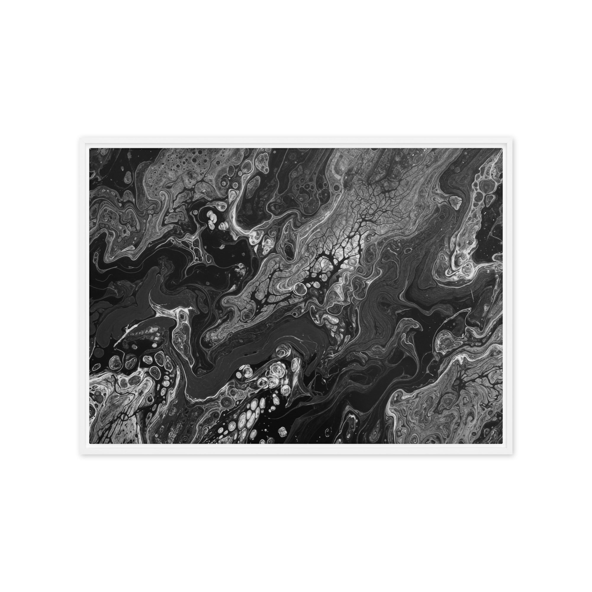 Dark Matter framed canvas print product image in white frame, 12 x 12 inch universal size