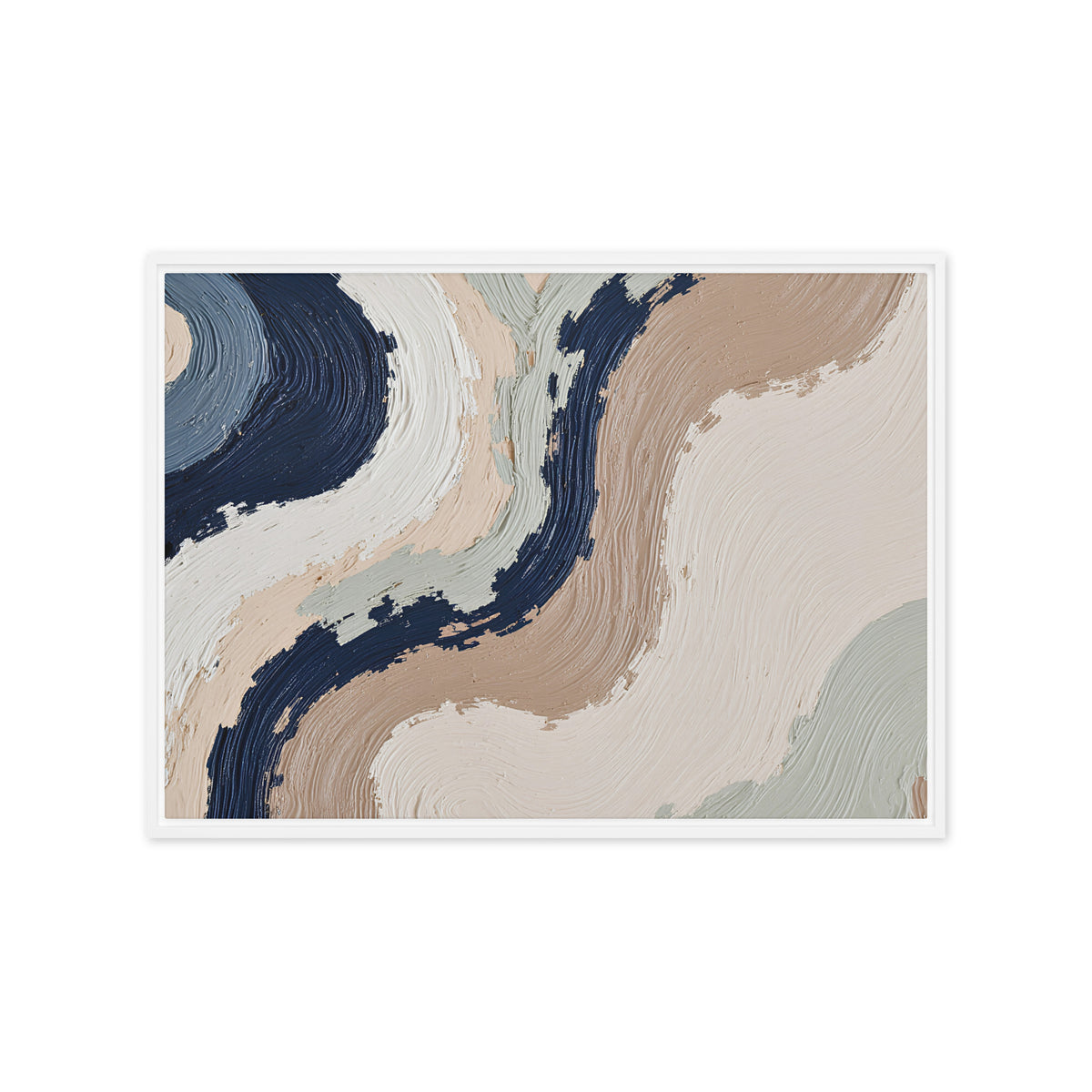 Loess framed canvas artwork with warm ochre, taupe and sandstone-like textures, shown on white.