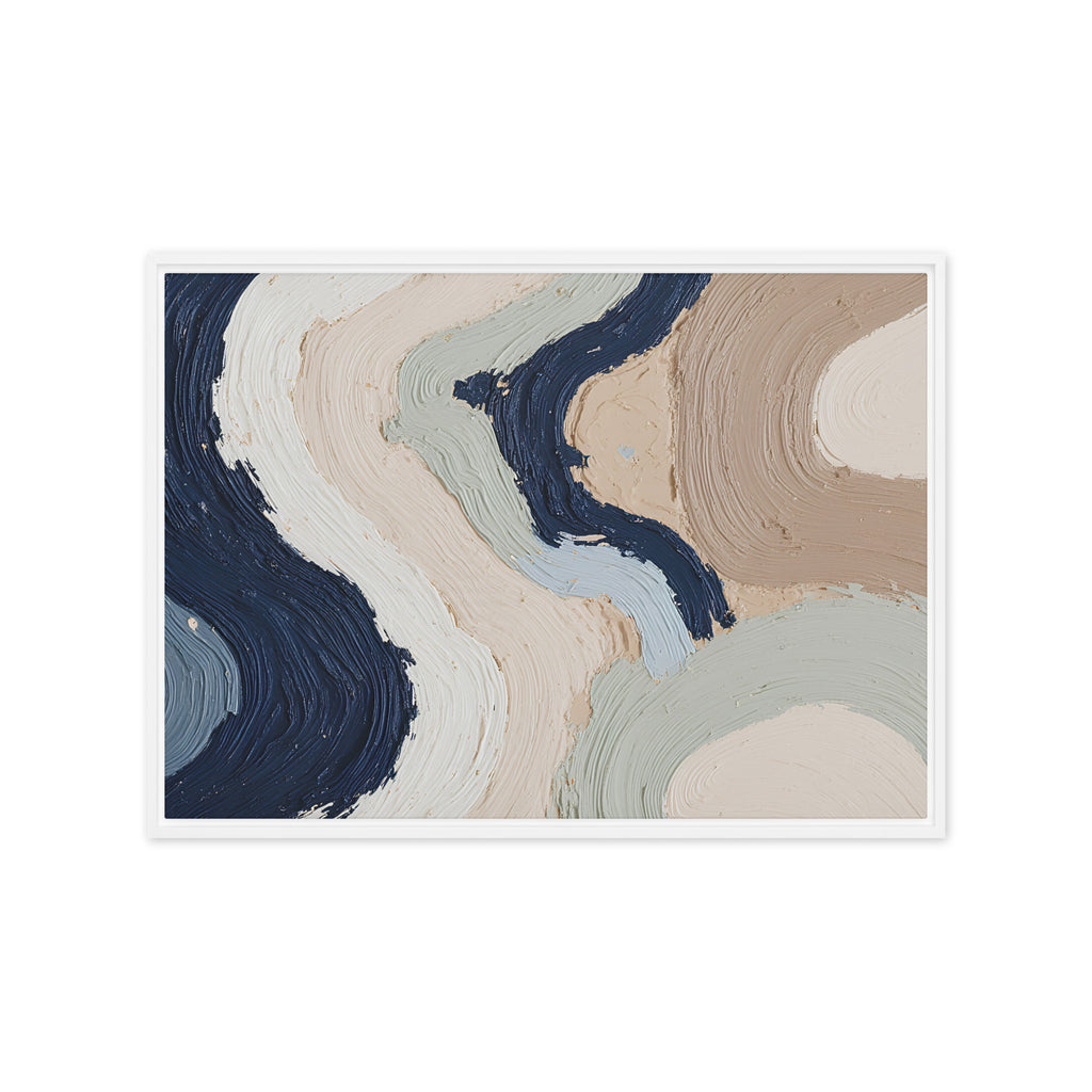 Marl framed canvas artwork with pale stone and soft clay tones with subtle visual texture, shown on white.