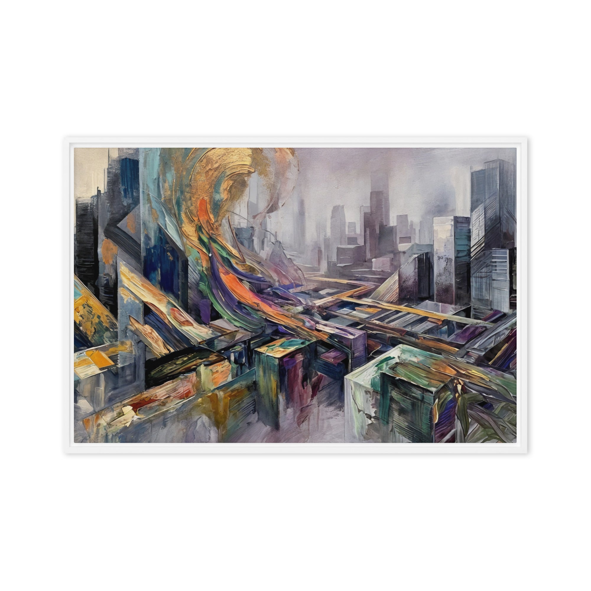 Attitude framed canvas skyline, front view in white frame, 12 x 18 inch universal size