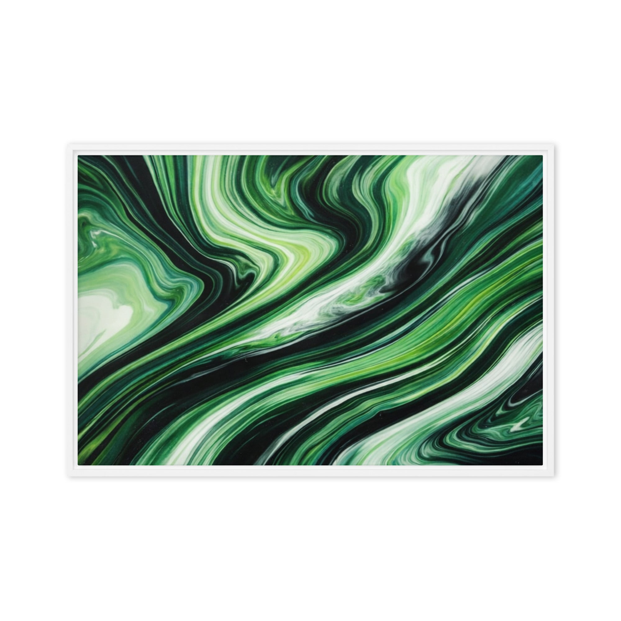 Verdant framed canvas print shown in front view in white frame, 16 x 16 inch universal size