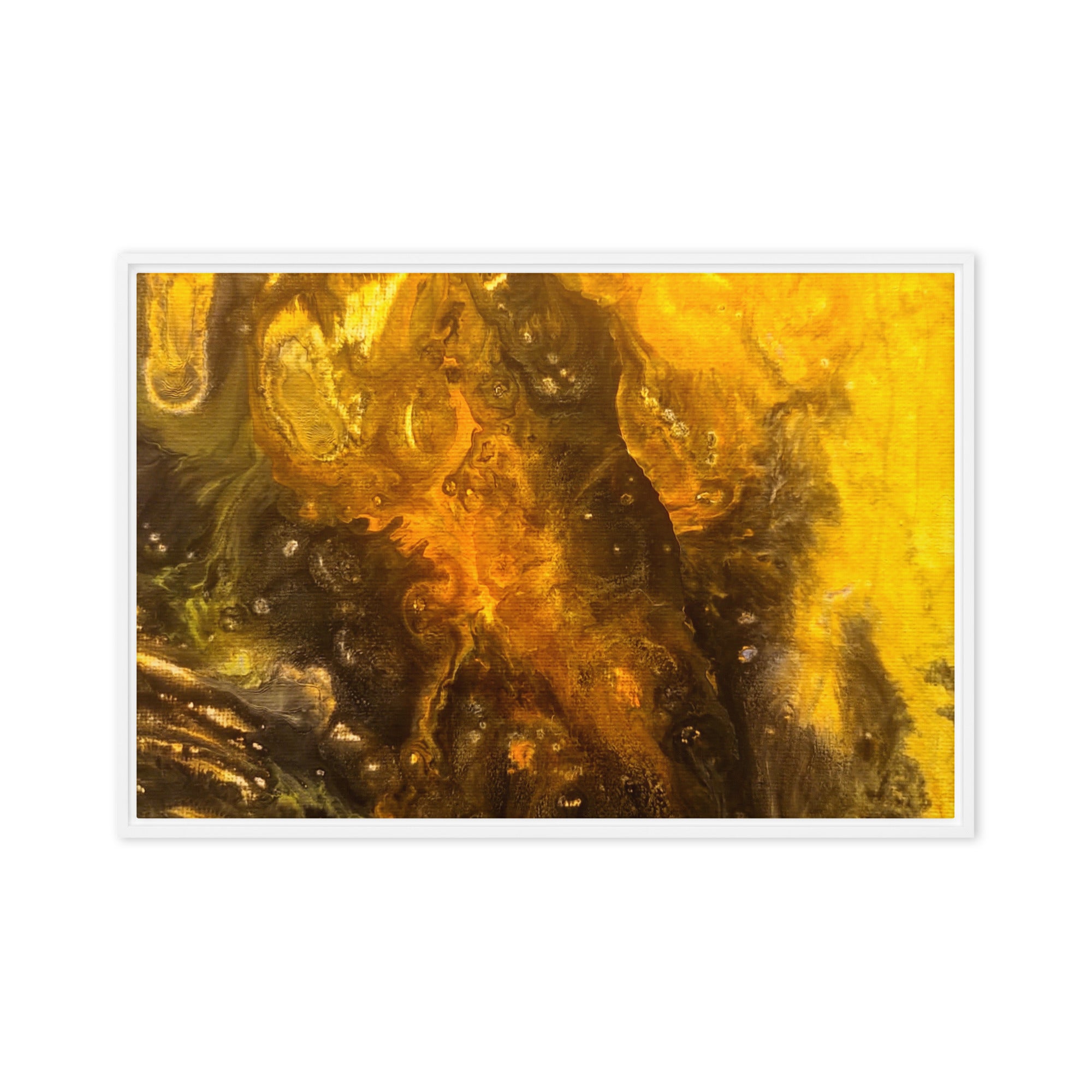 Flame framed canvas print front-facing product image in white frame, 16 x 16 inch universal size