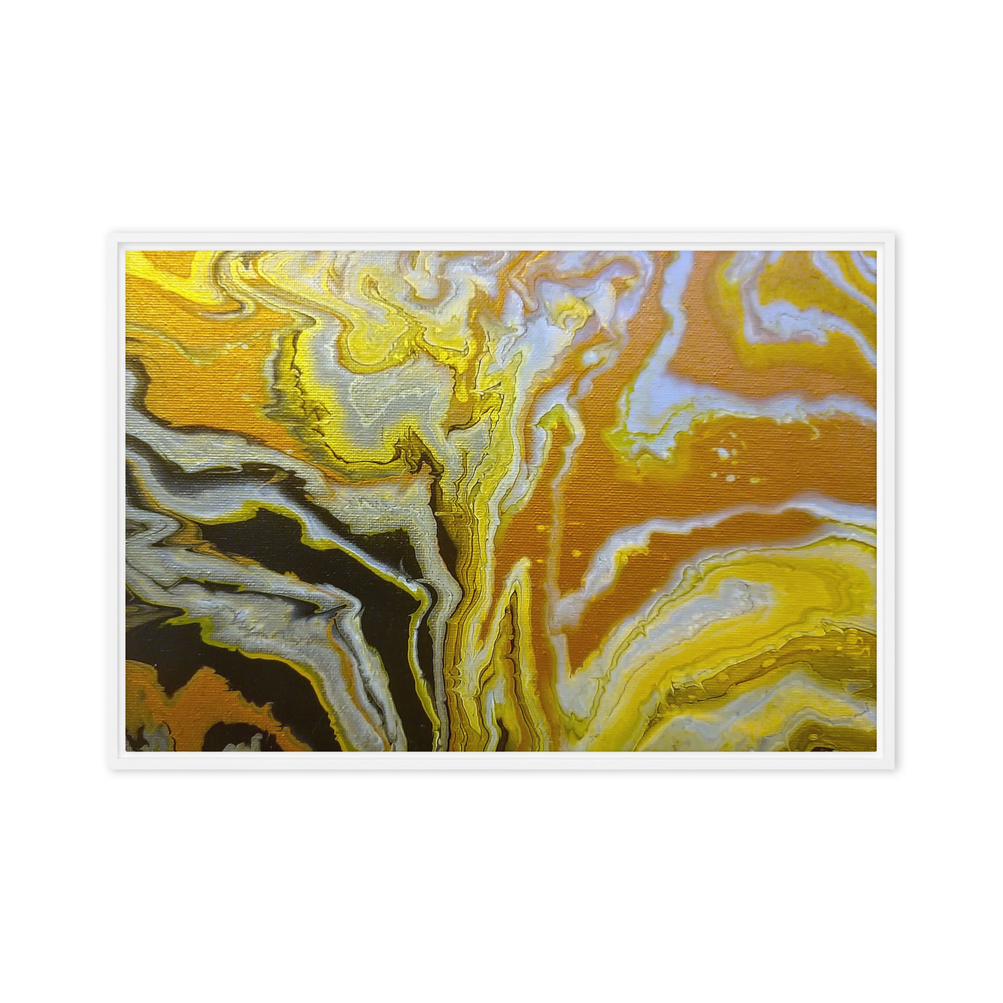 Golden Surge framed canvas print front-facing product image in white frame, 16 x 16 inch universal size