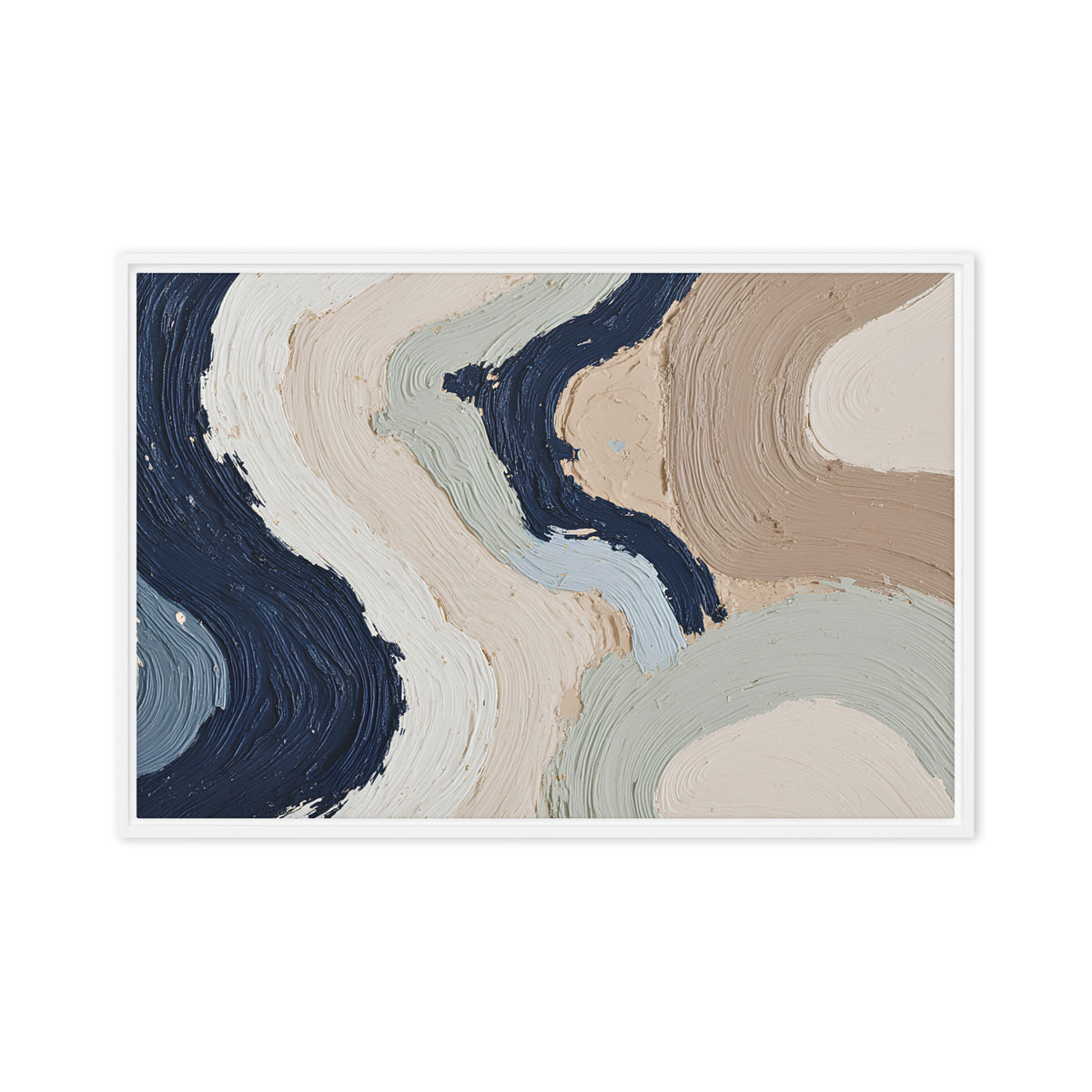 Alluvia framed canvas artwork with layered earth tones and flowing mineral textures, shown on white.