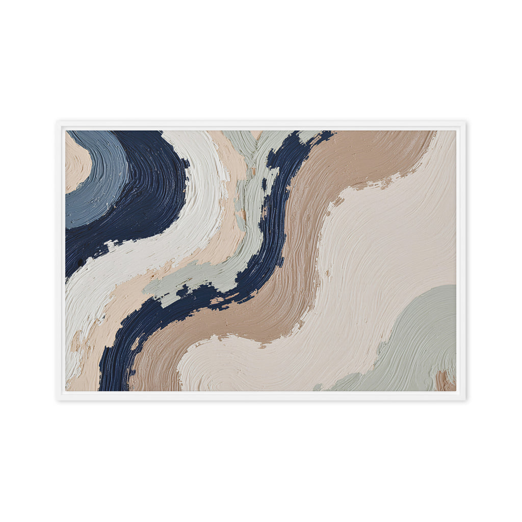 Loess framed canvas artwork with warm ochre, taupe and sandstone-like textures, shown on white.