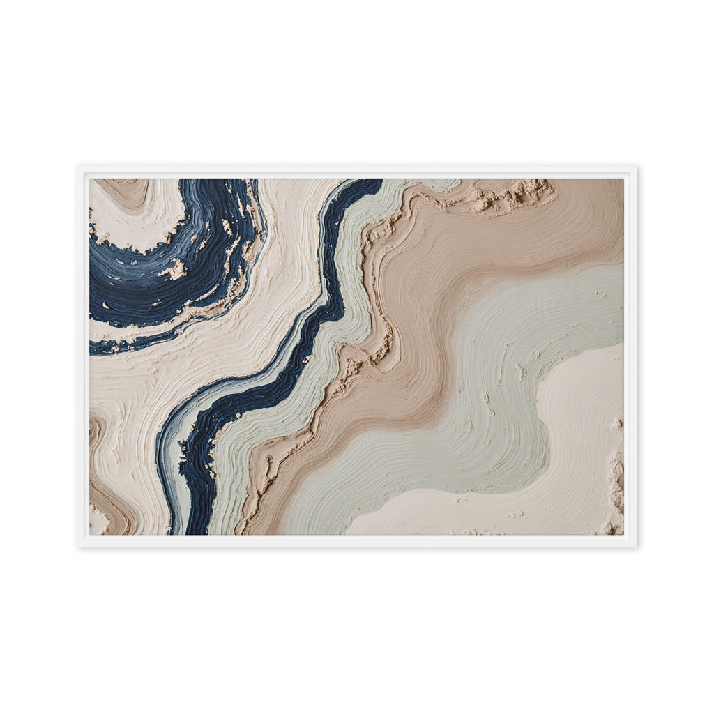 Striata framed canvas artwork with rhythmic bands of mineral color and sediment-like layers, shown on white.