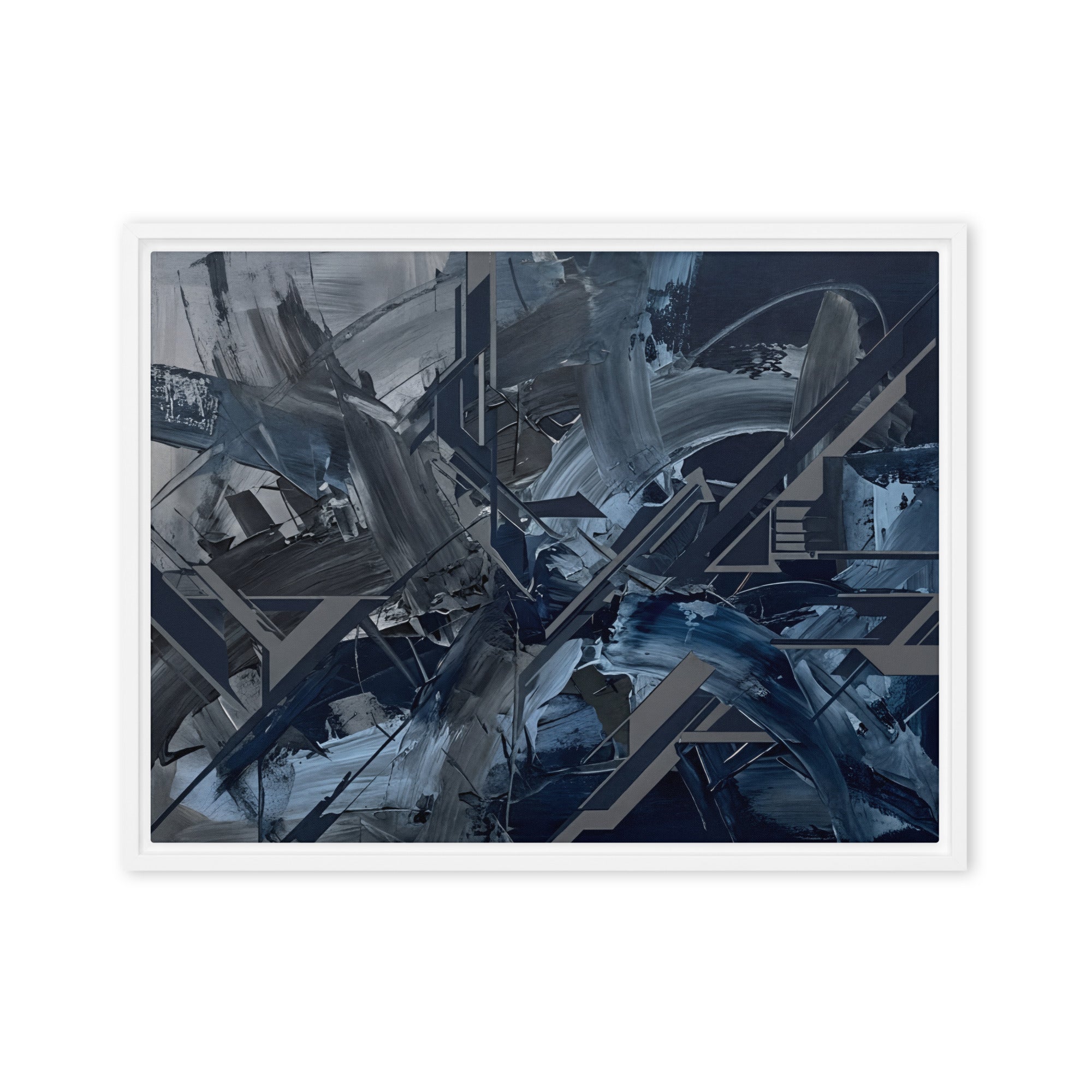 Torrent framed canvas urban with product details shown in white frame, 20 x 30 inch large size