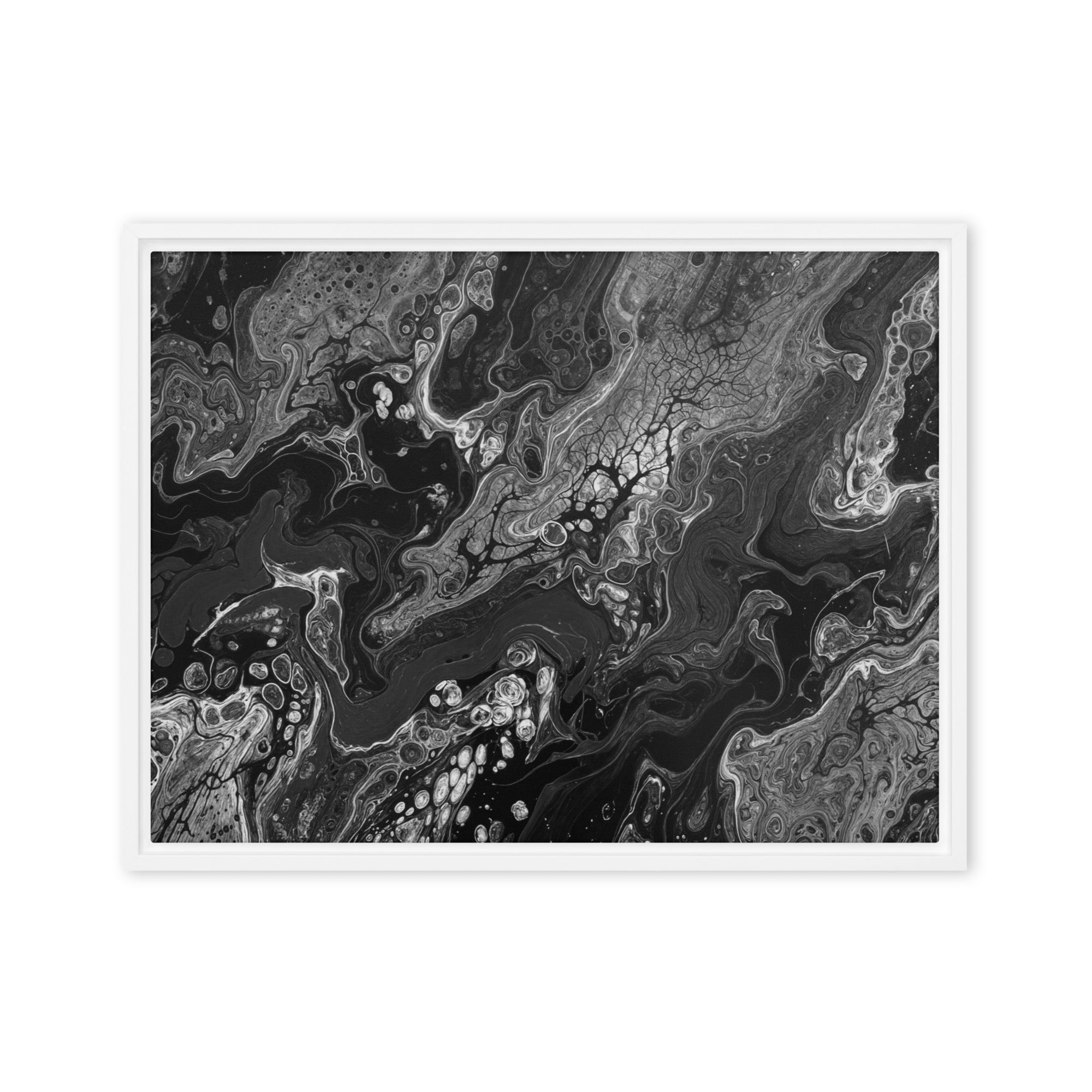 Dark Matter framed canvas print product view in white frame, 20 x 28 inch large size