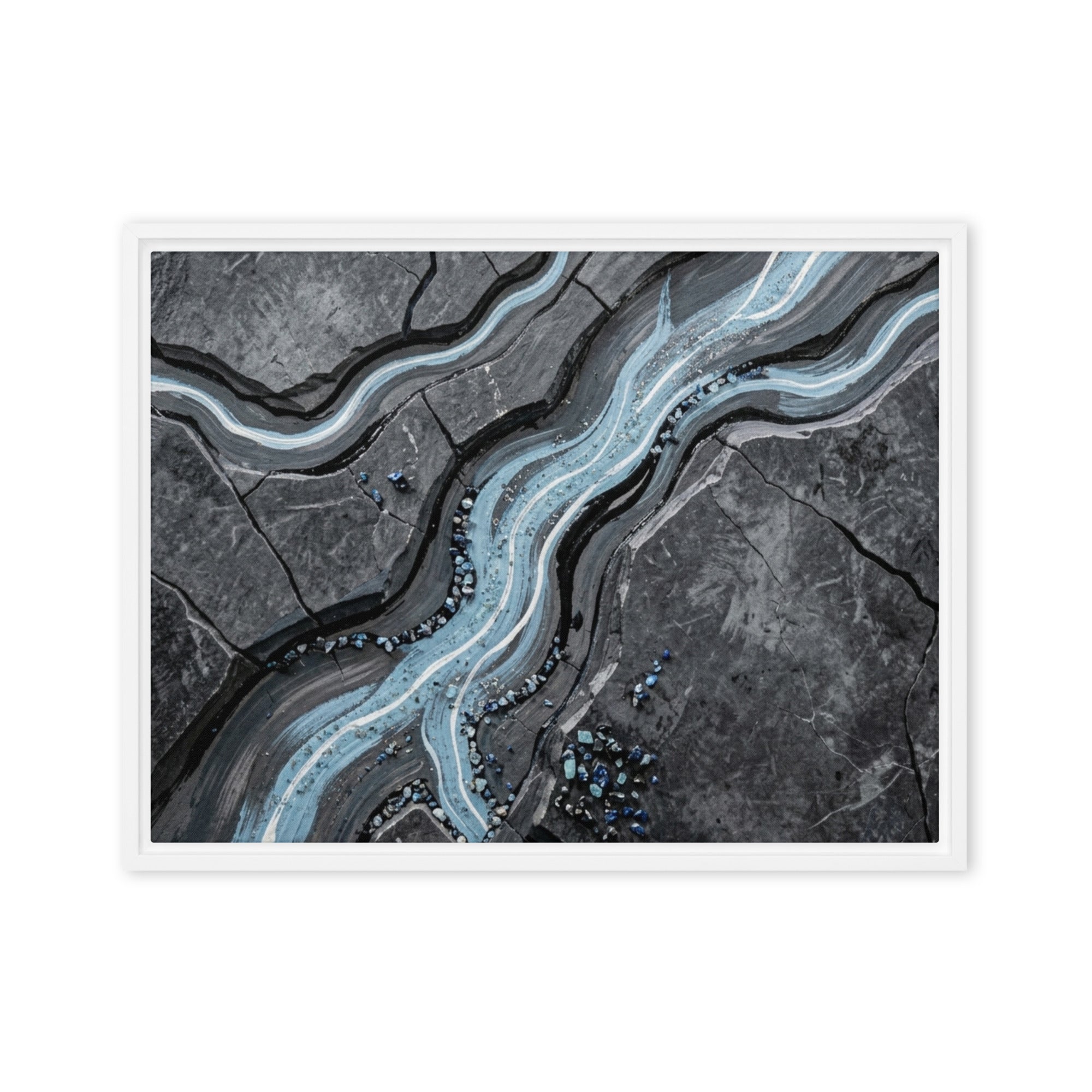 Viscosity framed canvas print with product details shown in white frame, 24 x 32 inch large size