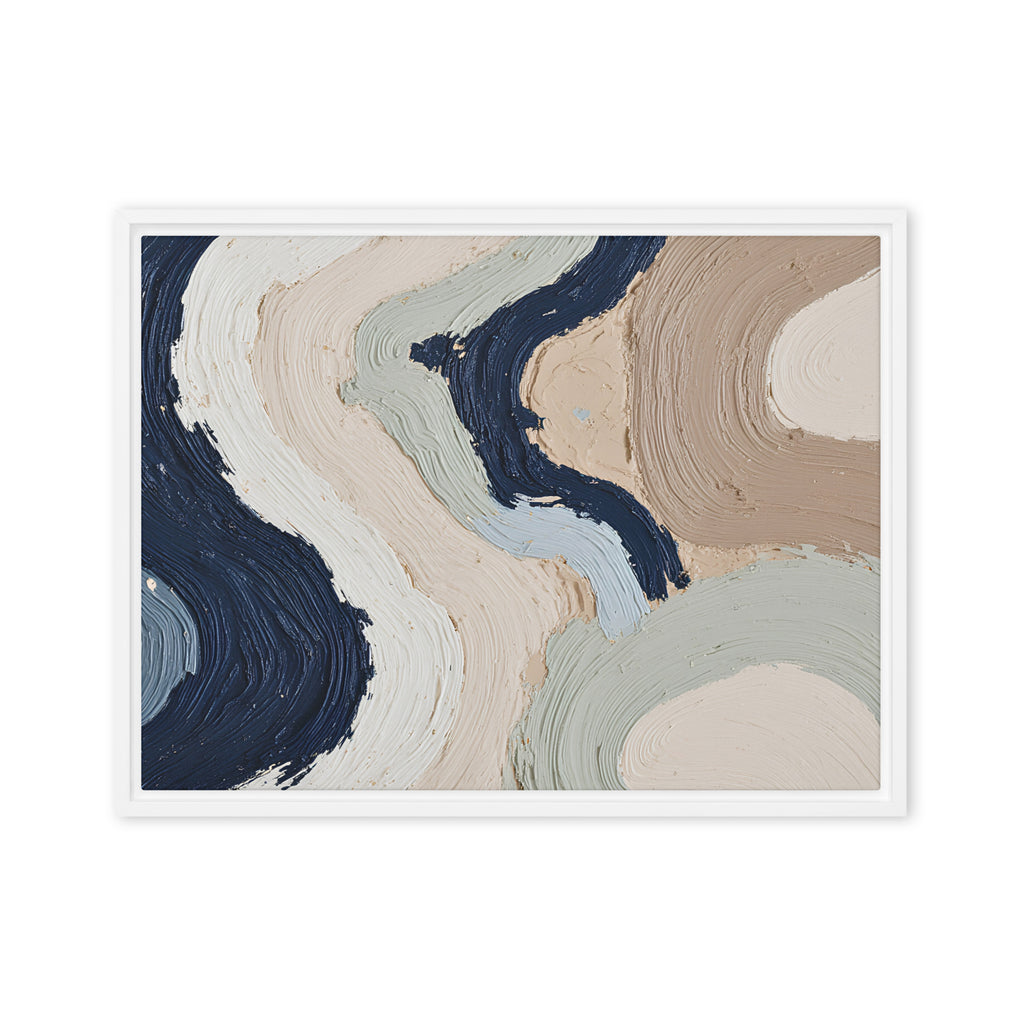 Alluvia framed canvas artwork with layered earth tones and flowing mineral textures, shown on white.