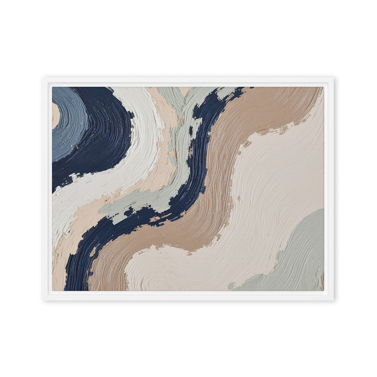 Loess framed canvas artwork with warm ochre, taupe and sandstone-like textures, shown on white.