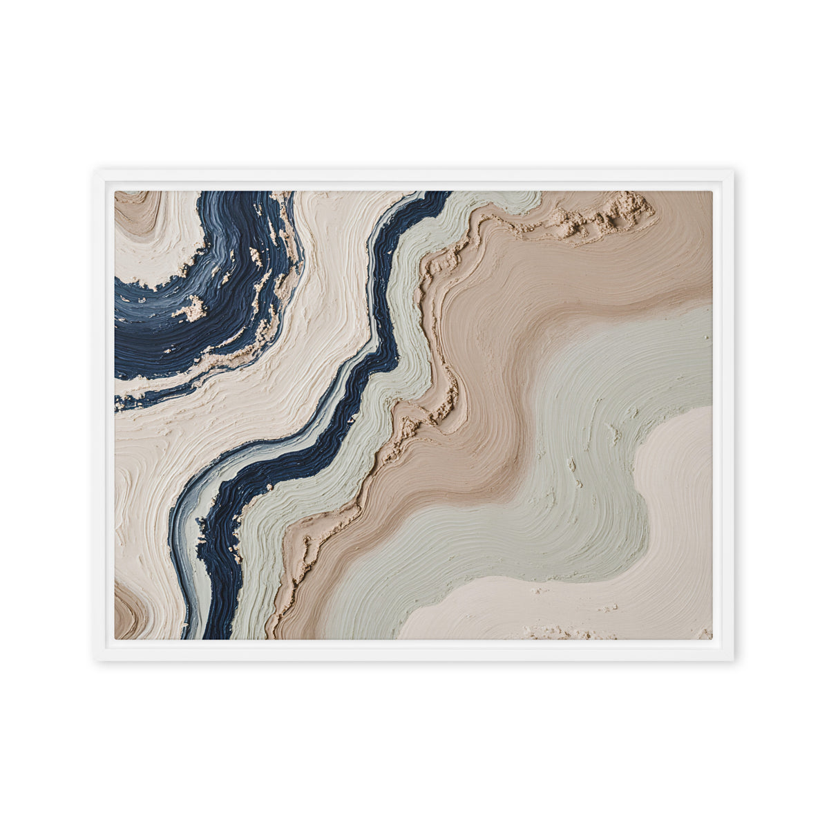 Striata framed canvas artwork with rhythmic bands of mineral color and sediment-like layers, shown on white.