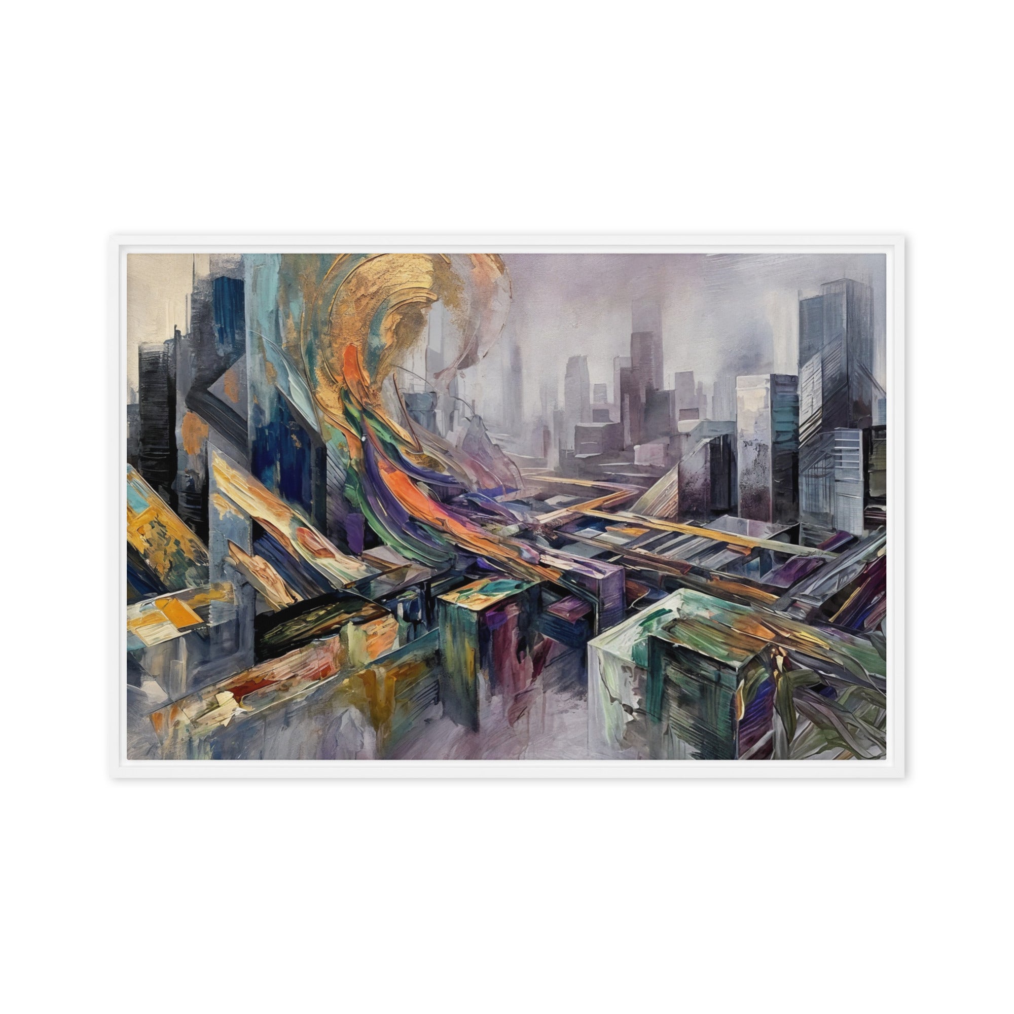 Attitude wall art product image as a framed canvas skyline in white frame, 24 x 36 inch statement piece