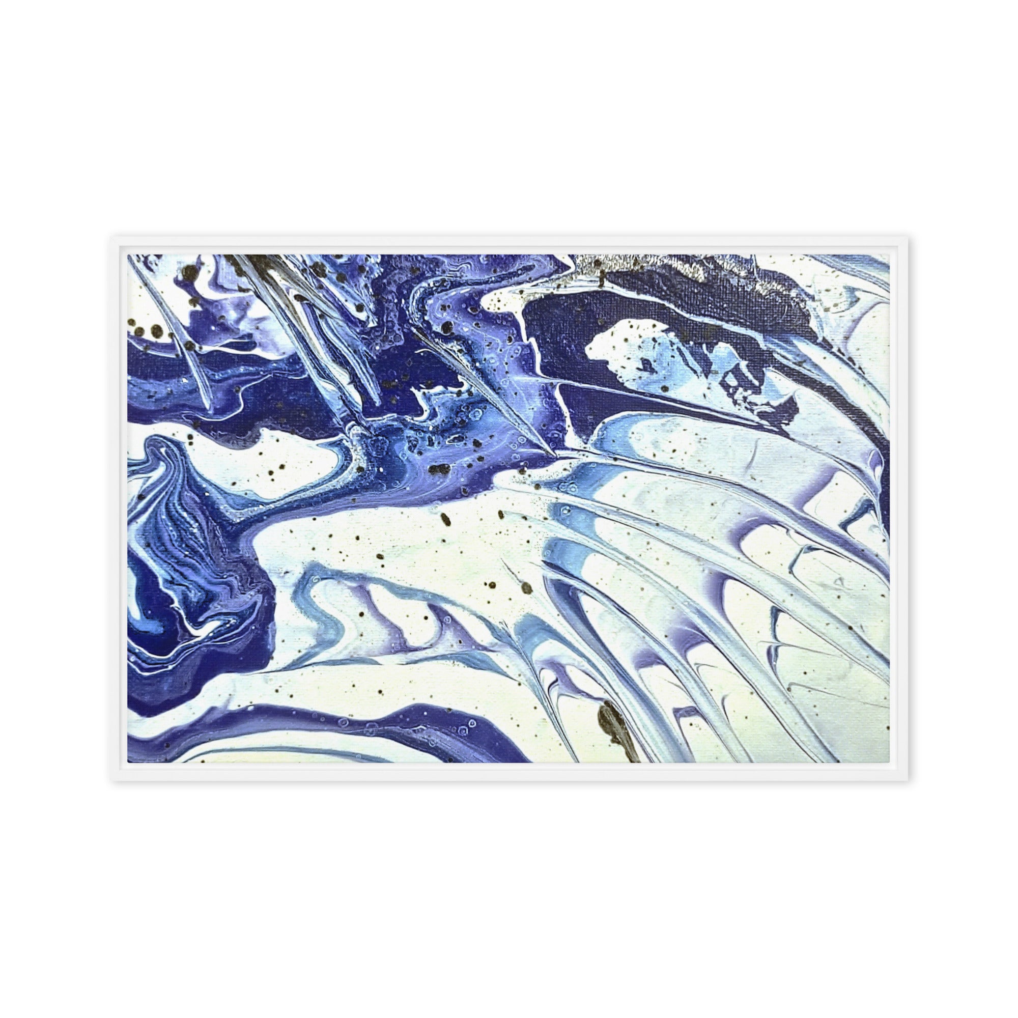 Cobalt framed canvas print, front view in white frame, 24 x 36 inch statement piece
