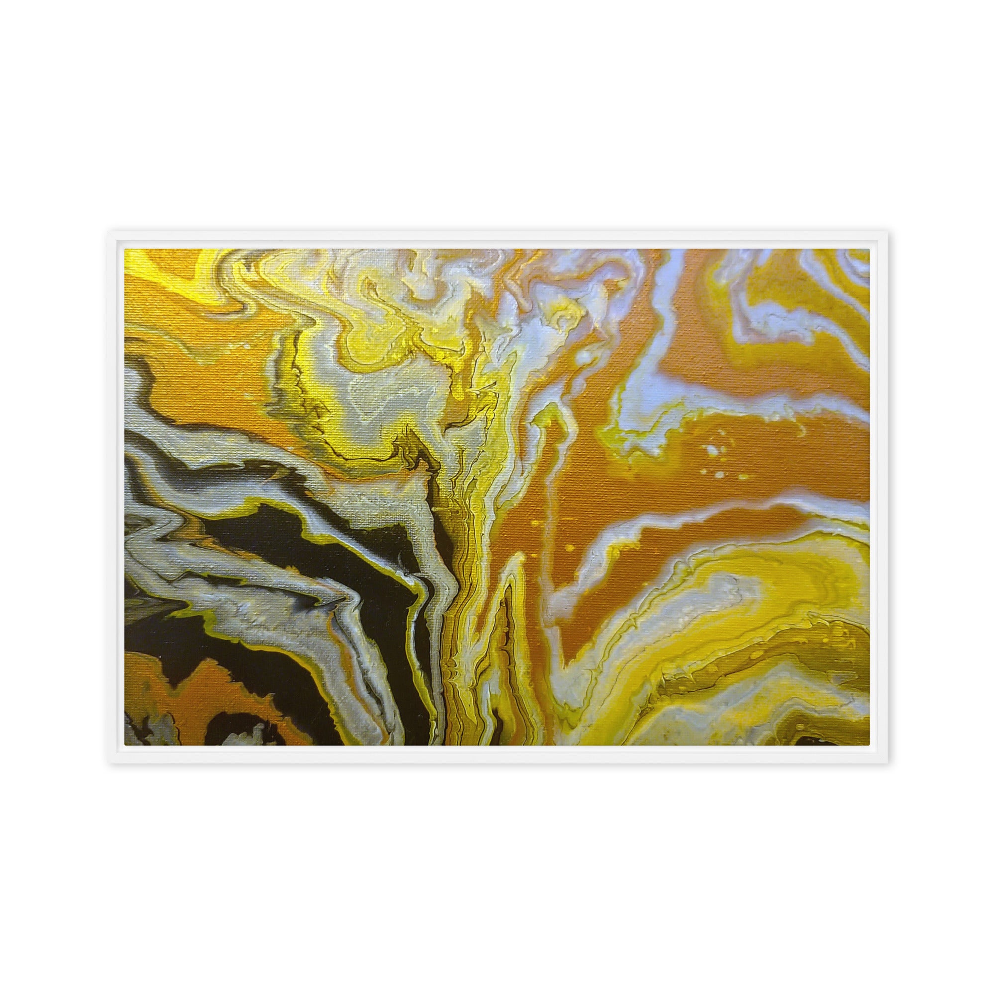 Golden Surge framed canvas print, front view in white frame, 24 x 36 inch statement piece