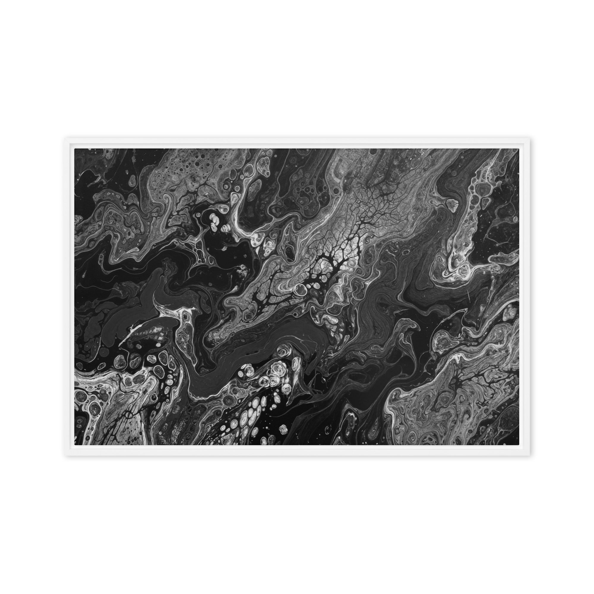 Dark Matter framed canvas print, front view in white frame, 24 x 36 inch statement piece
