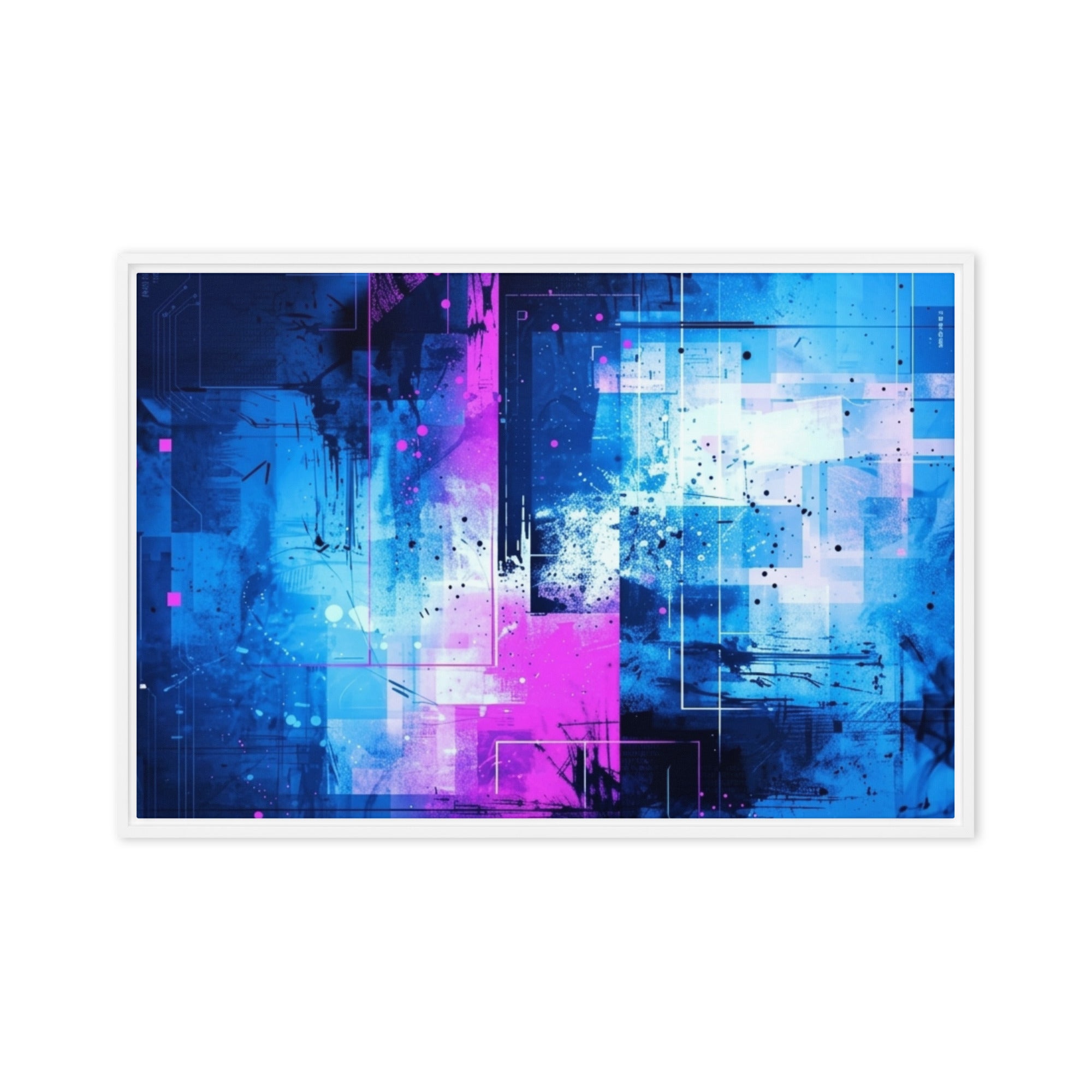 Neon framed canvas print, front view in white frame, 24 x 36 inch statement piece