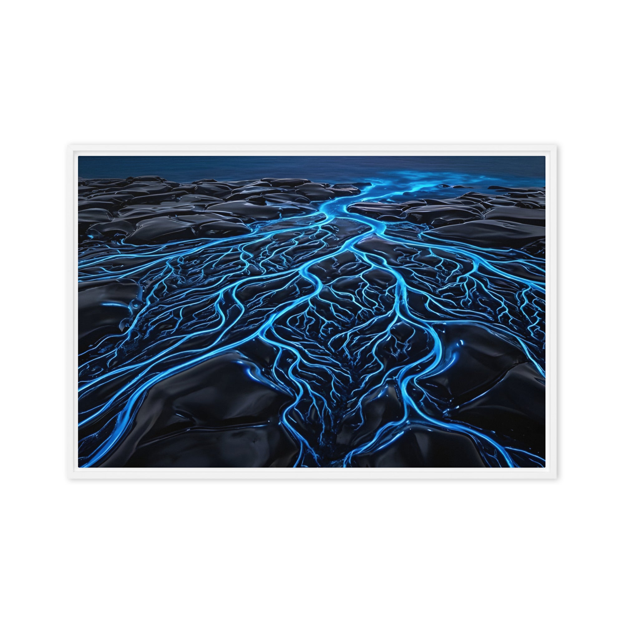 Caldera framed canvas print, front view in white frame, 24 x 36 inch statement piece