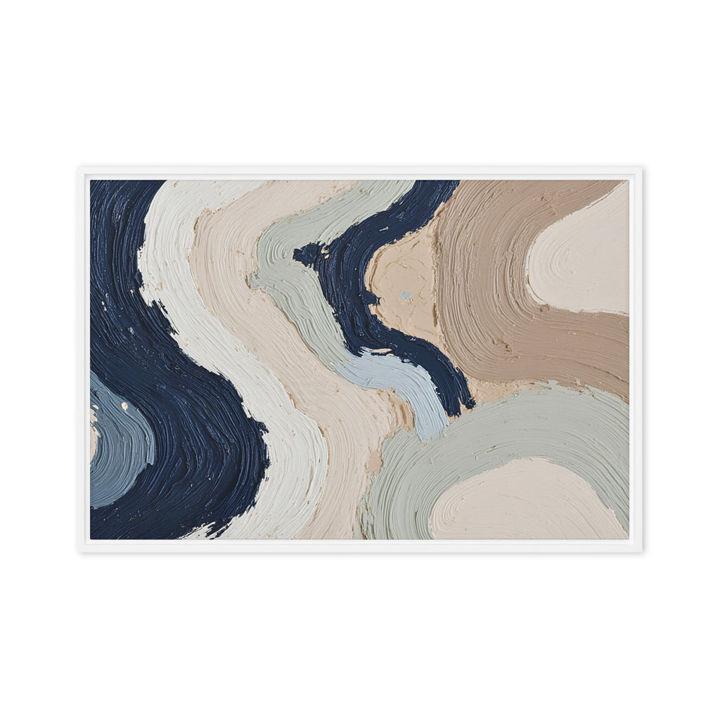 Alluvia framed canvas artwork with layered earth tones and flowing mineral textures, shown on white.