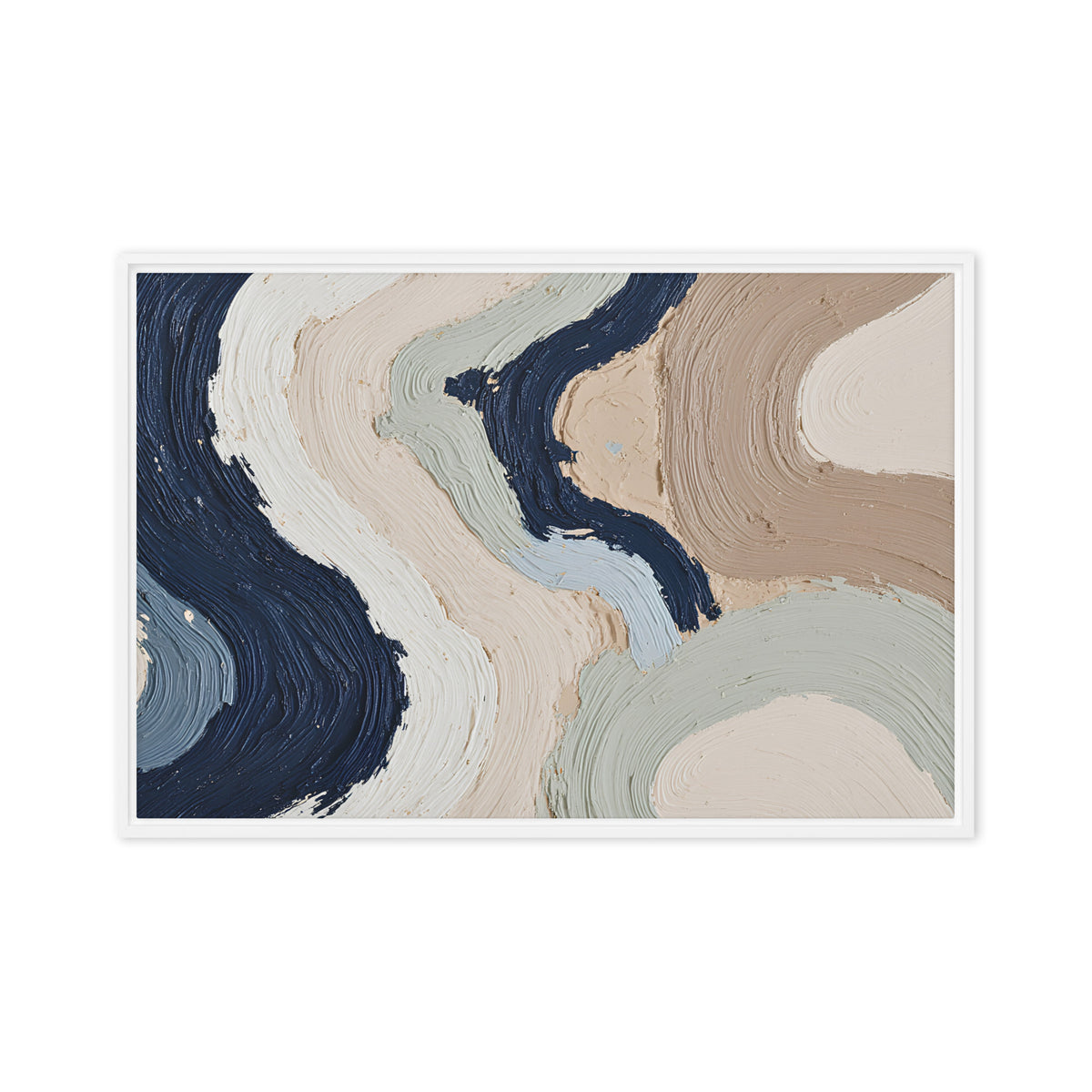 Alluvia framed canvas artwork with layered earth tones and flowing mineral textures, shown on white.