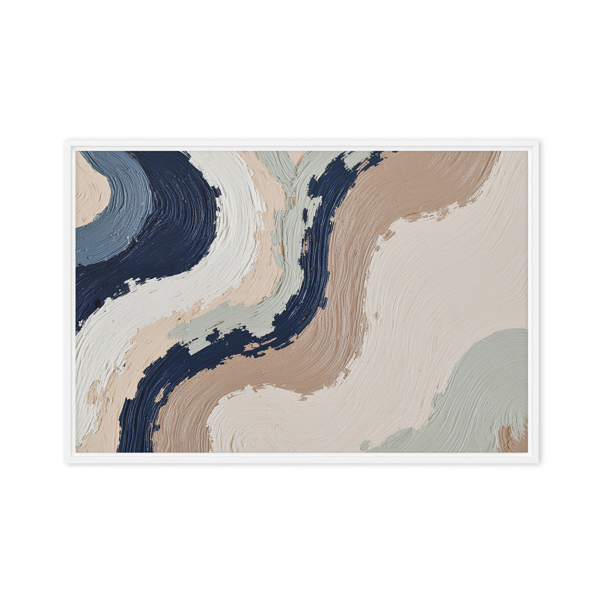 Loess framed canvas artwork with warm ochre, taupe and sandstone-like textures, shown on white.