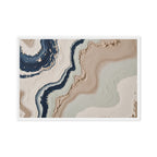 Striata framed canvas artwork with rhythmic bands of mineral color and sediment-like layers, shown on white.