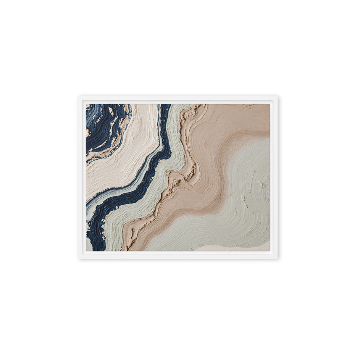 Striata framed canvas artwork with rhythmic bands of mineral color and sediment-like layers, shown on white.