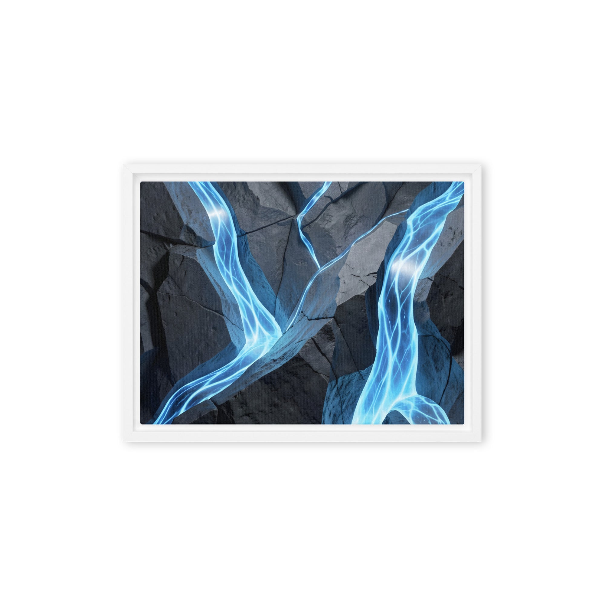 Tephra framed canvas print with product details shown in black frame, 16 x 20 inch universal size