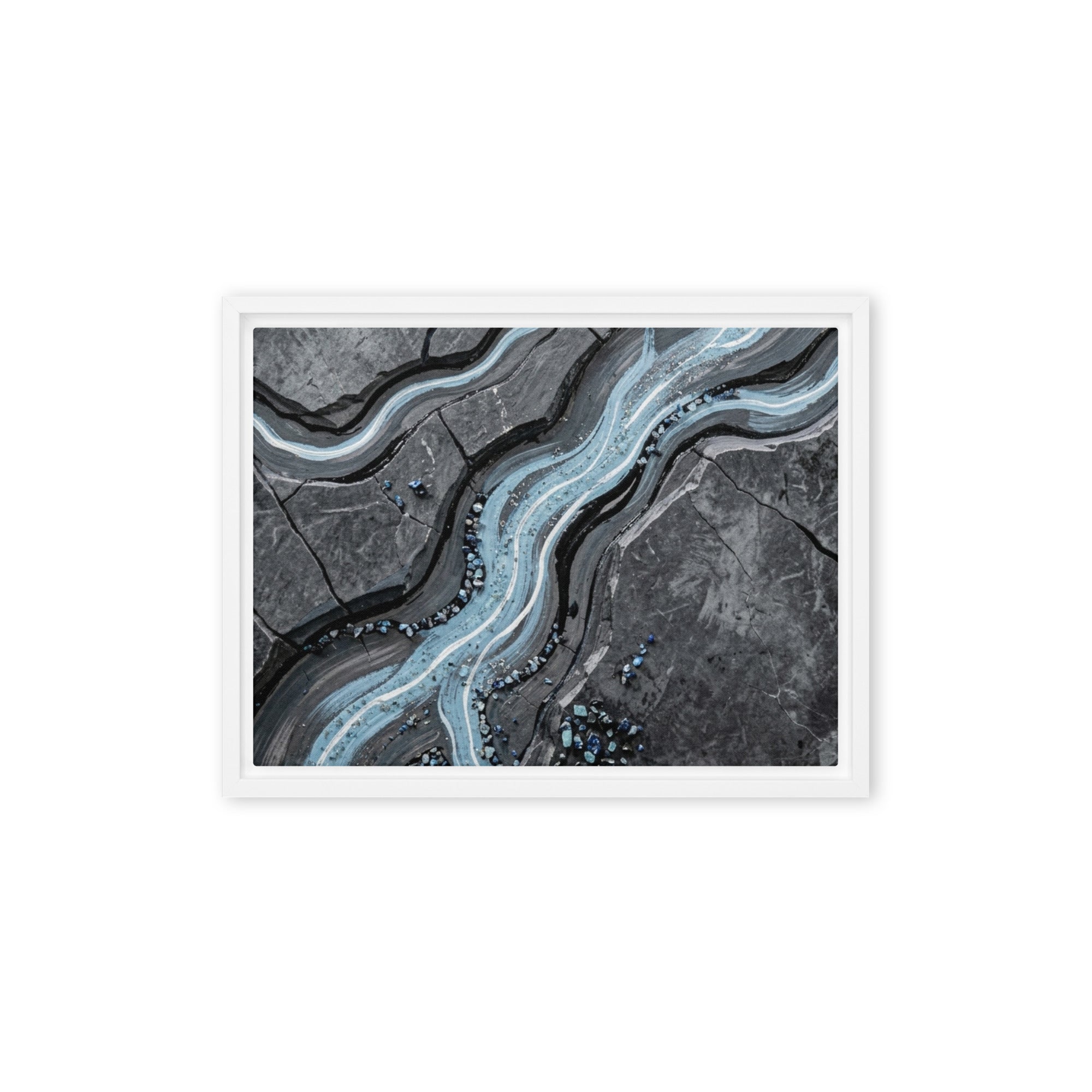 Viscosity framed canvas print with product details shown in black frame, 16 x 20 inch universal size