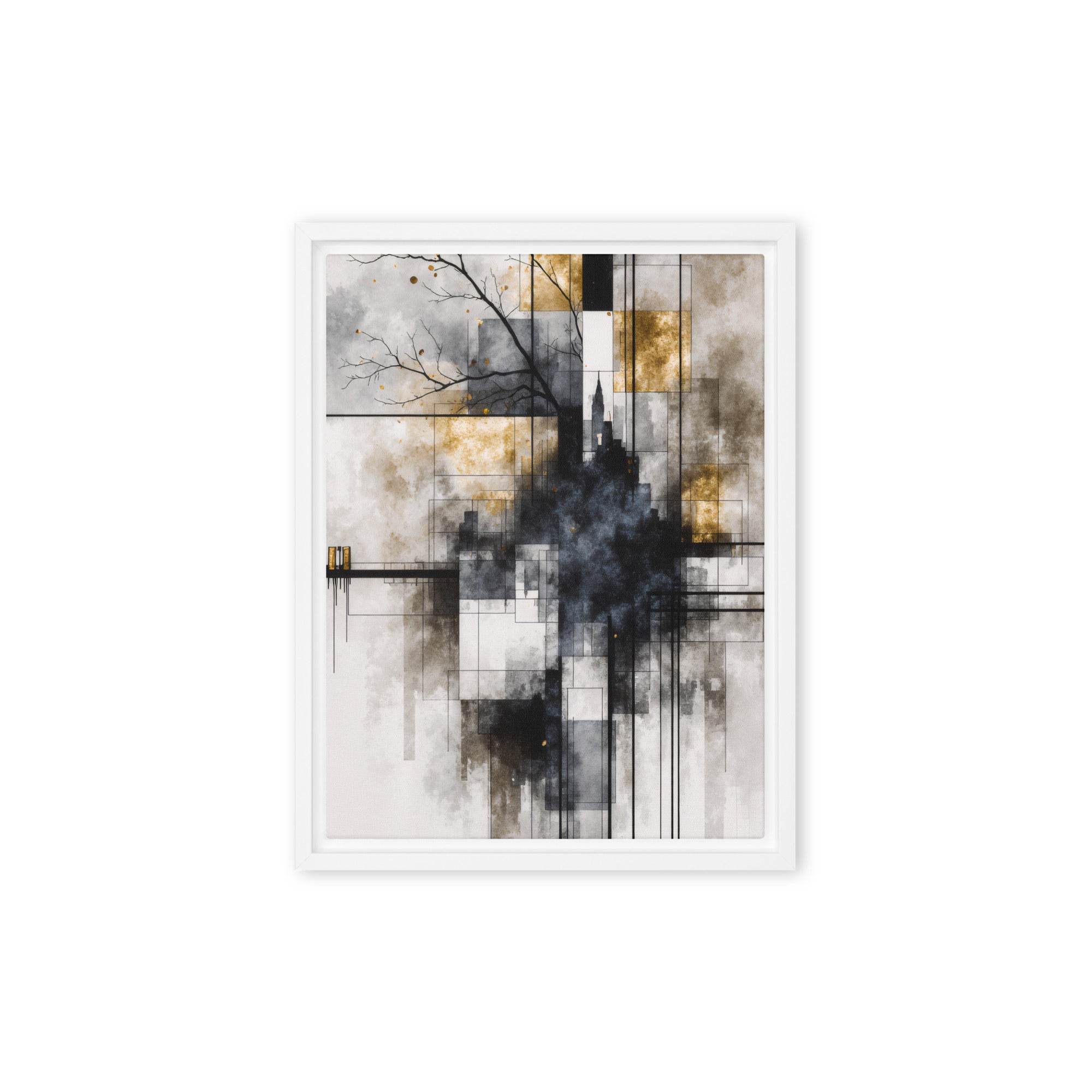 Alchemy framed canvas print with product details shown in black frame, 16 x 20 inch universal size