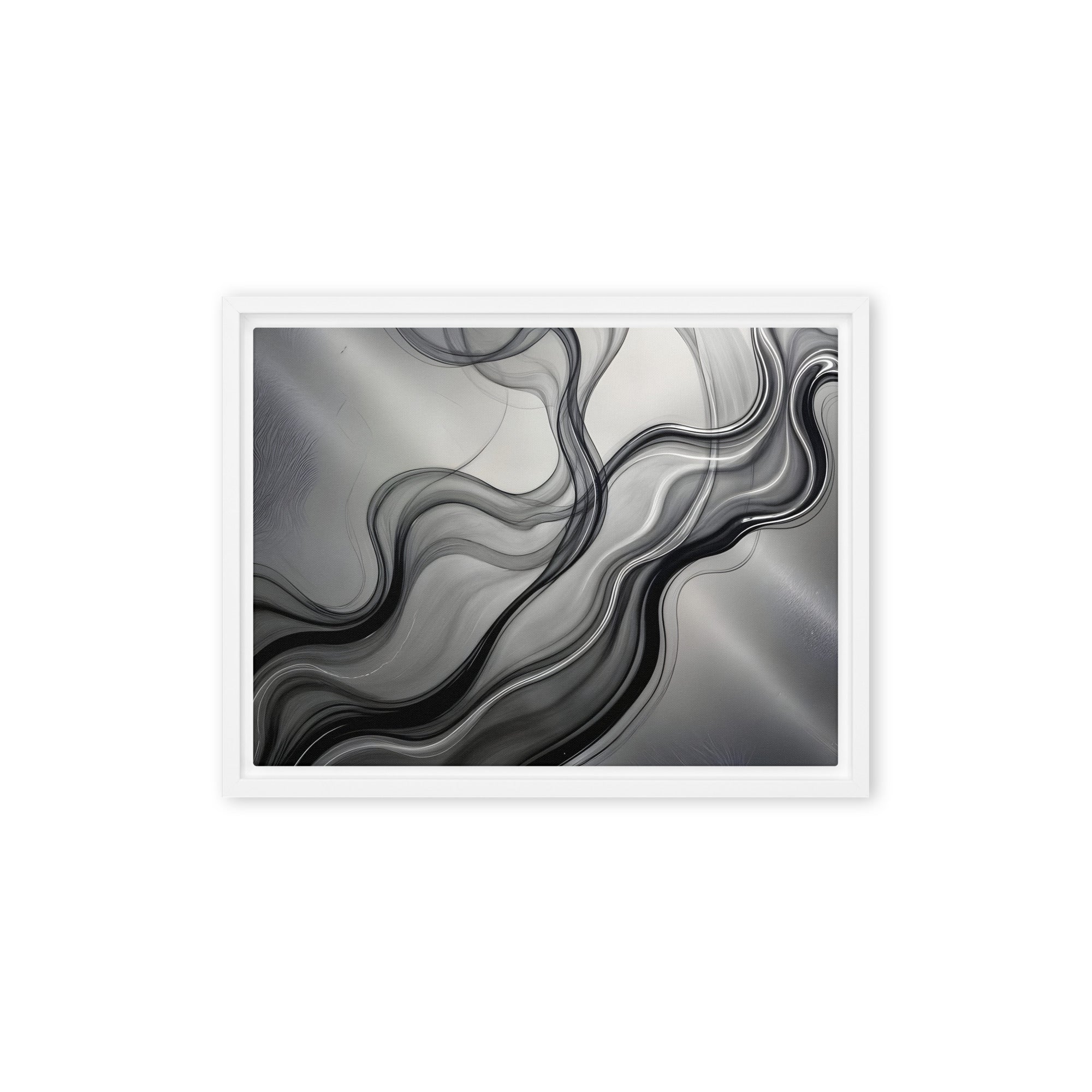 Smoke framed canvas print with product details shown in black frame, 16 x 20 inch universal size