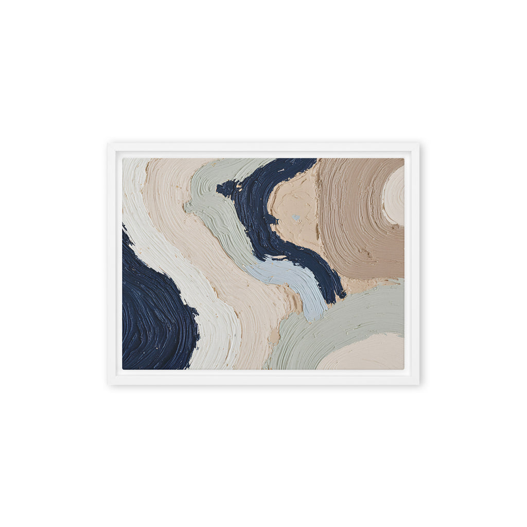 Alluvia framed canvas artwork with layered earth tones and flowing mineral textures, shown on white.