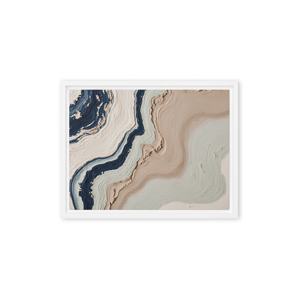 Striata framed canvas artwork with rhythmic bands of mineral color and sediment-like layers, shown on white.