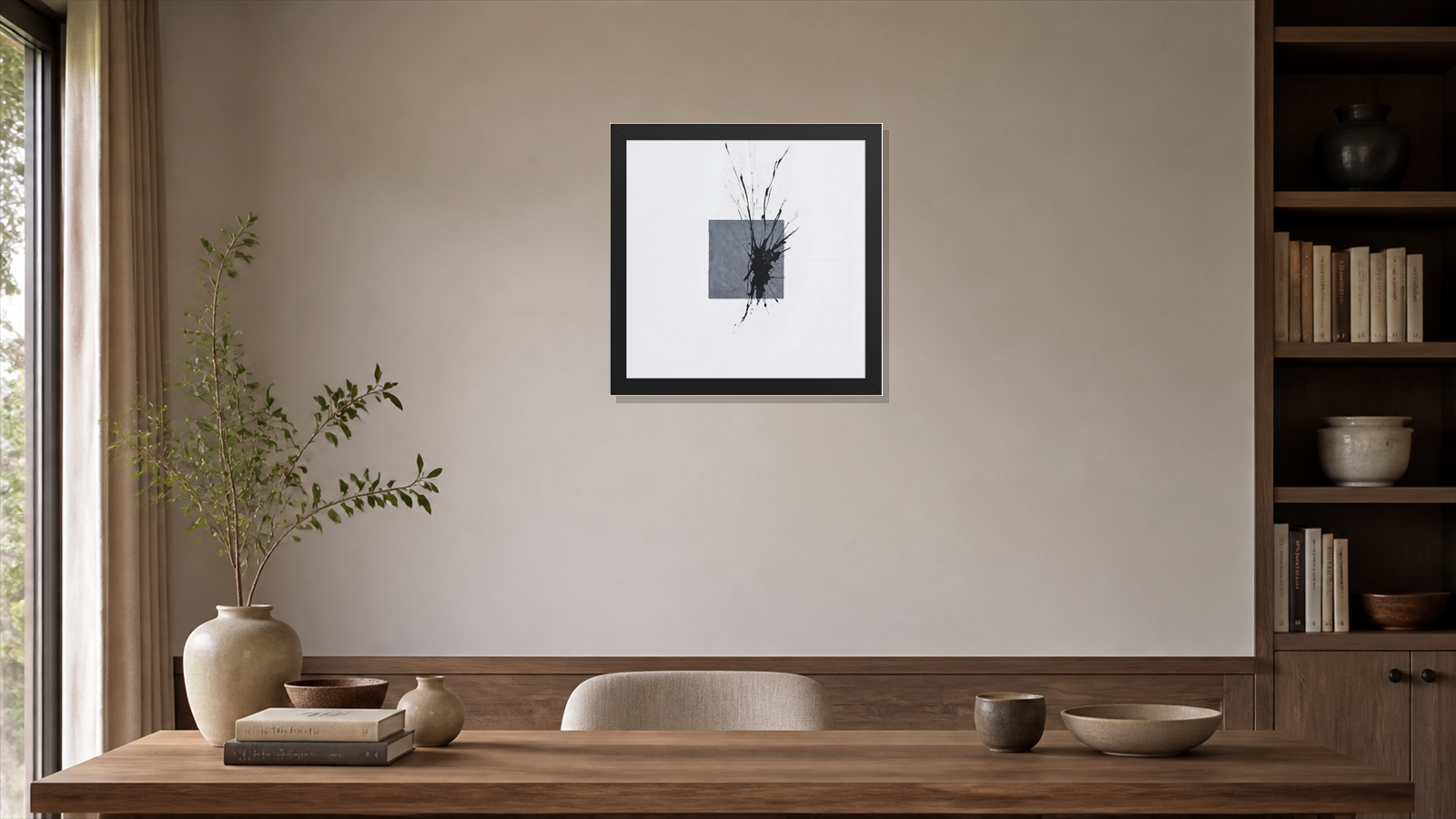 Gargantua framed paper at 16x16 inch (square) scale in a premium residential office