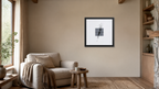 Goliath framed paper at 16x16 inch (square) scale in a premium residential reading nook