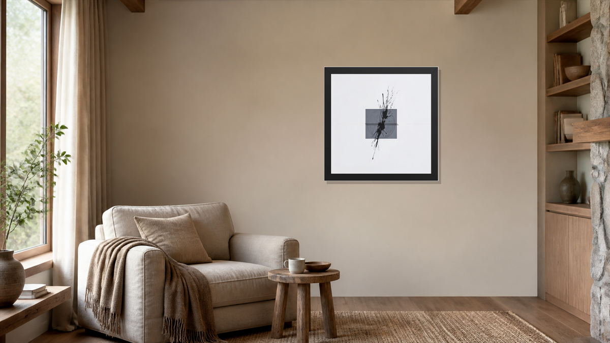 Goliath framed paper at 16x16 inch (square) scale in a premium residential reading nook