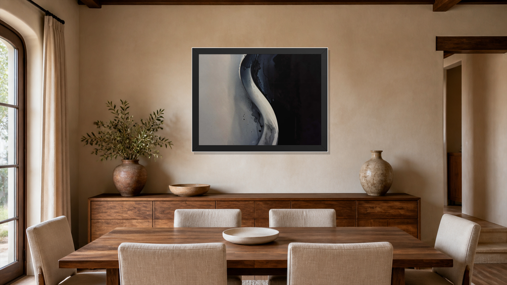 Gradient framed paper at 24x36 inch (landscape) scale in a premium residential dining room