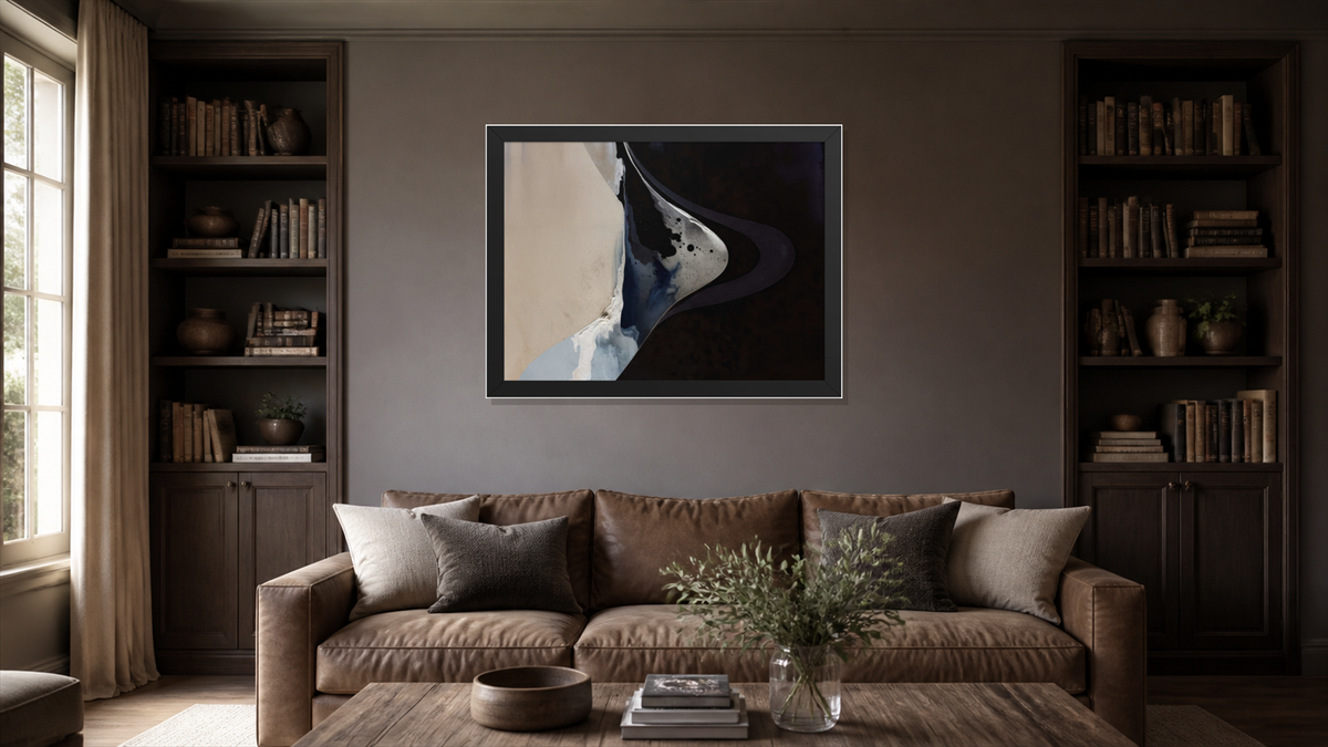 Ionization framed paper at 24x36 inch (landscape) scale in a premium residential lounge/library