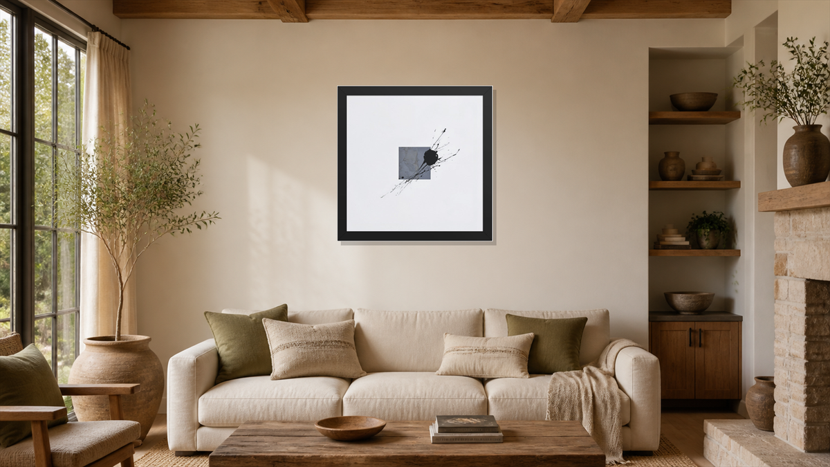 Juggernaut framed paper at 16x16 inch (square) scale in a premium residential living room