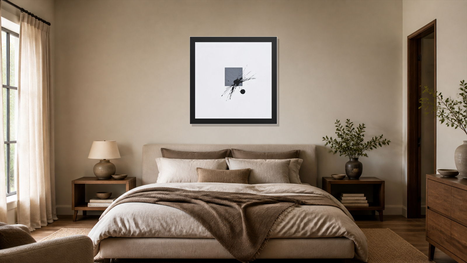 Leviathan framed paper at 16x16 inch (square) scale in a premium residential bedroom