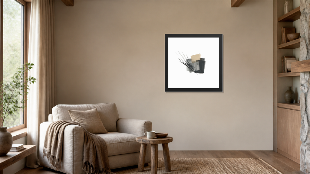 Loom framed paper at 16x16 inch (square) scale in a premium residential reading nook