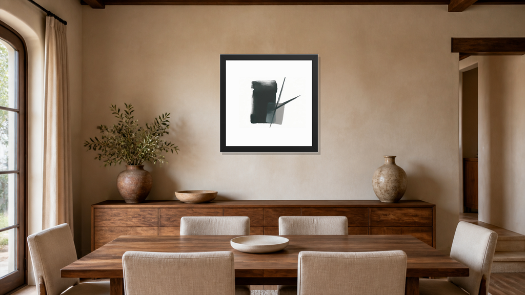 Maki framed paper at 16x16 inch (square) scale in a premium residential dining room