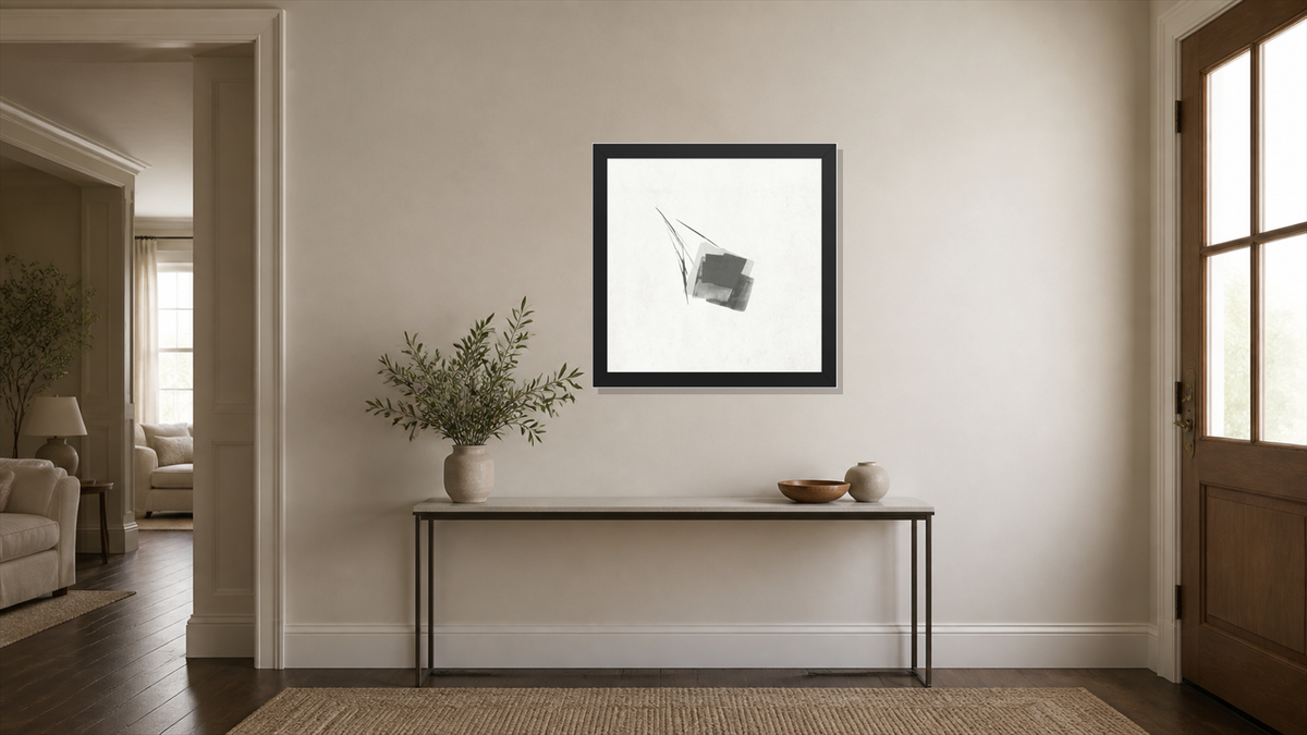 Meer framed paper at 16x16 inch (square) scale in a premium residential entry/foyer