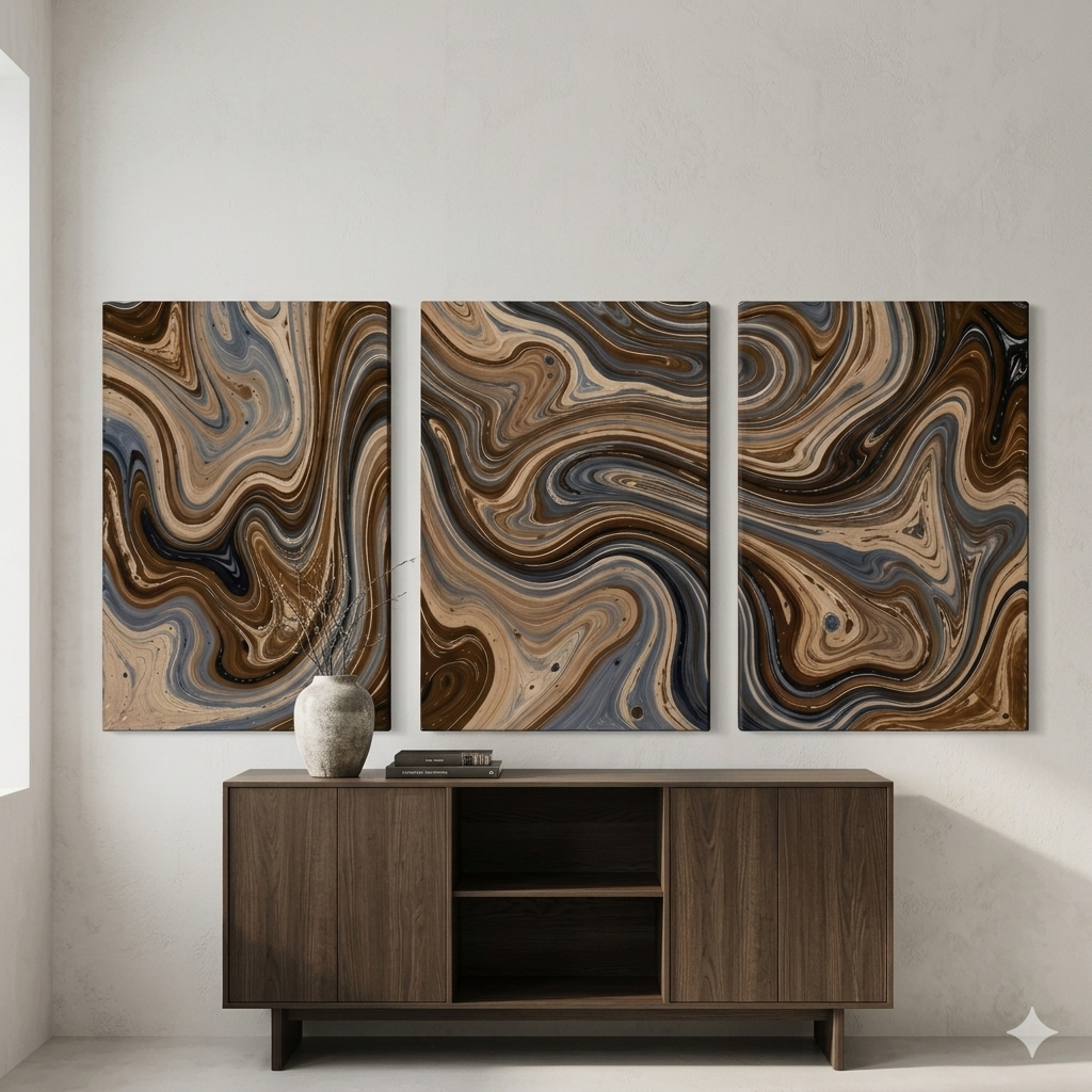 Mocha bundle triptych shown in product view in 16 x 24 inch universal size