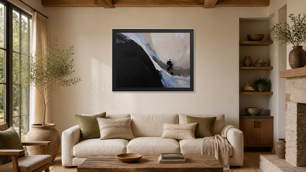 Nucleation framed paper at 24x36 inch (landscape) scale in a premium residential living room