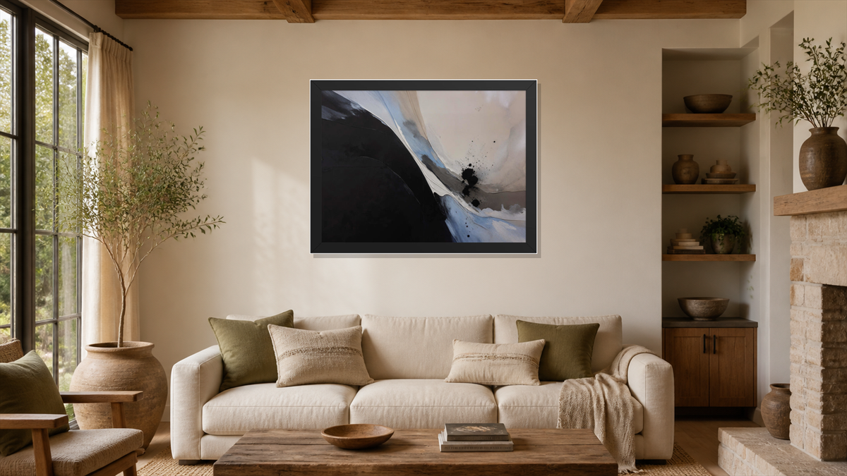 Nucleation framed paper at 24x36 inch (landscape) scale in a premium residential living room