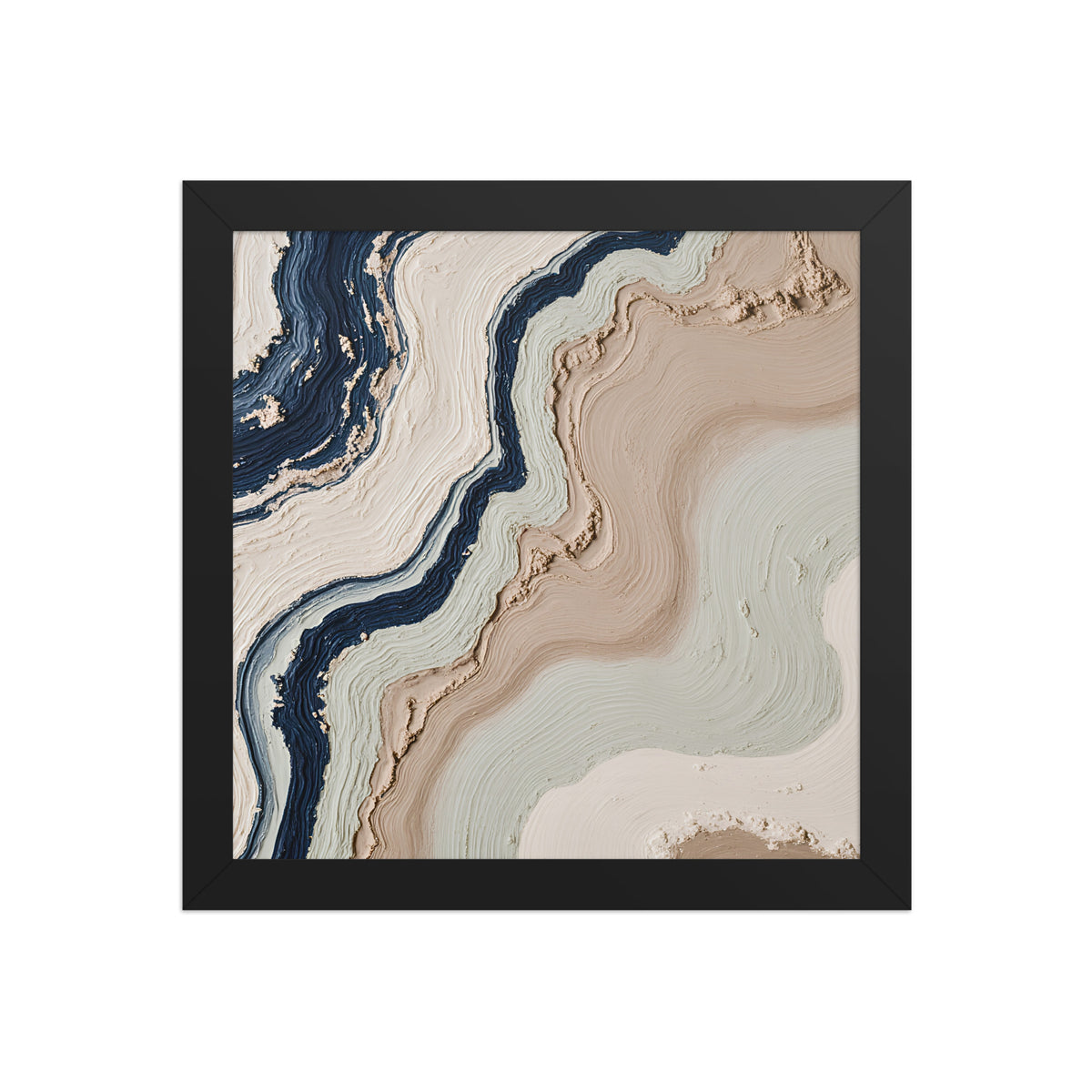 Striata framed paper artwork with rhythmic bands of mineral color and sediment-like layers, shown on white.