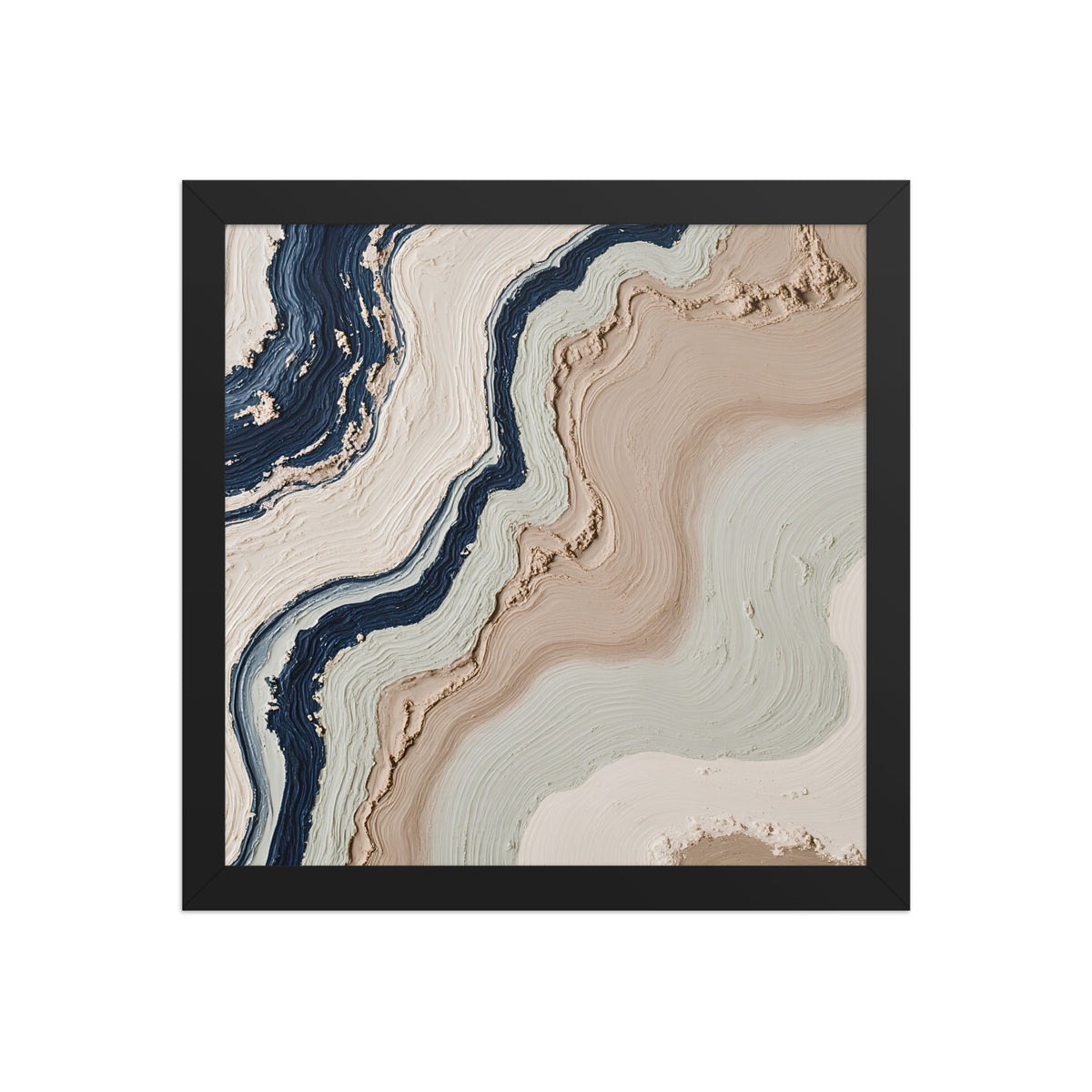 Striata framed paper artwork with rhythmic bands of mineral color and sediment-like layers, shown on white.
