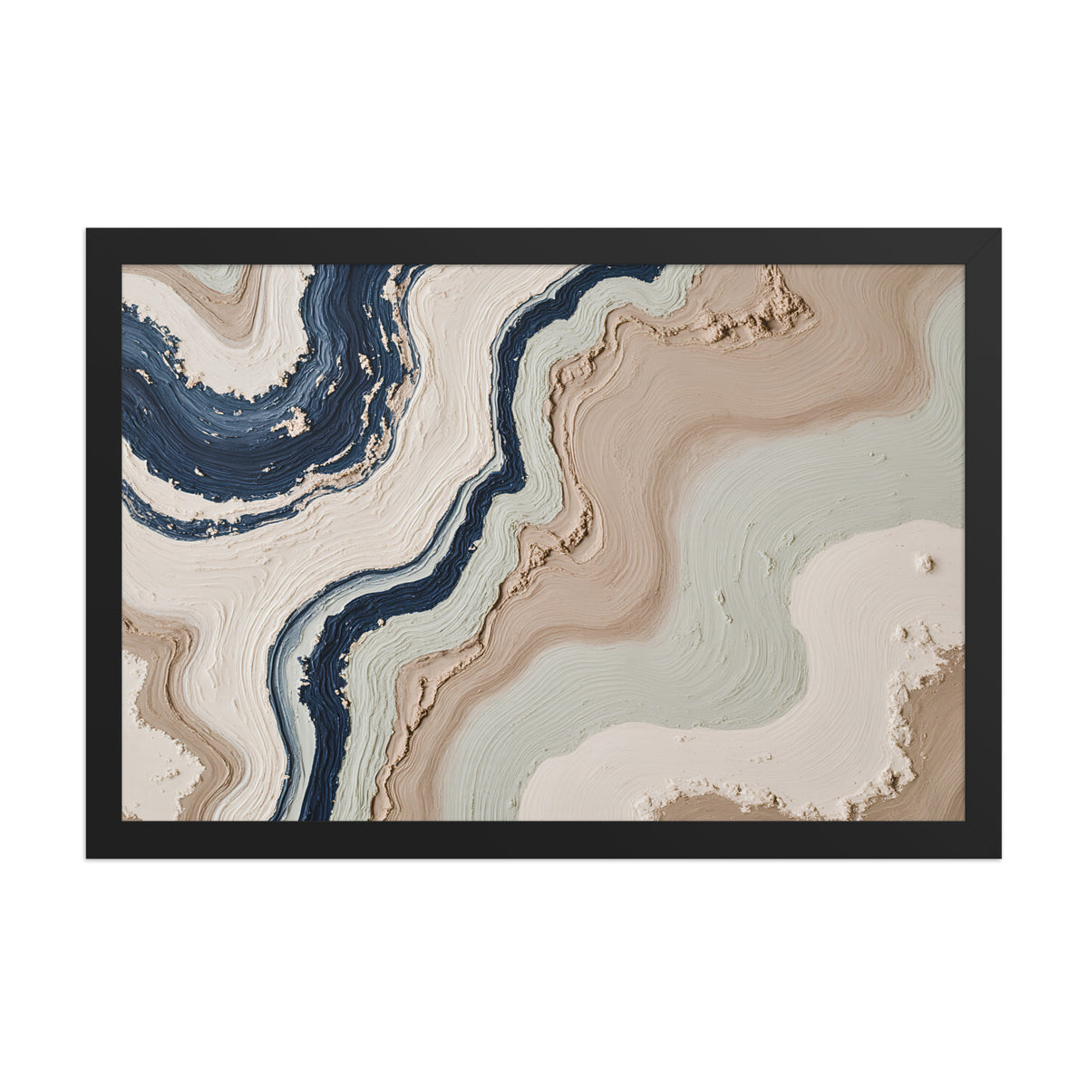 Striata framed paper artwork with rhythmic bands of mineral color and sediment-like layers, shown on white.