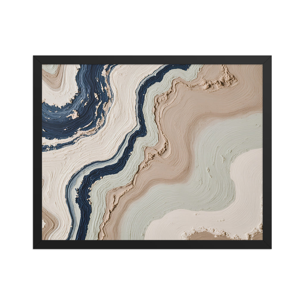 Striata framed paper artwork with rhythmic bands of mineral color and sediment-like layers, shown on white.